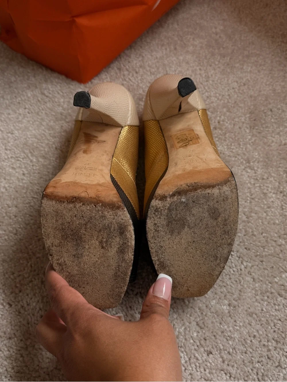 Fendi Two-Tone Bronze and Gold Peep-Toe Heels